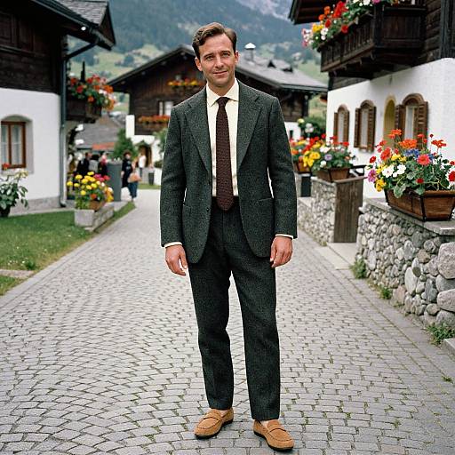 Photograph of a smiling Caucasian man in a dark gray suit, white shirt, brown tie, and tan shoes, standing on a cobblestone path