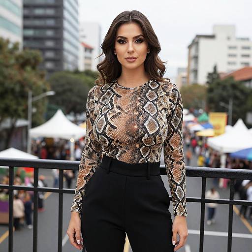 Photograph of a brunette woman with wavy hair, wearing a sheer, snake-print top and black high-waisted pants, standing on a city