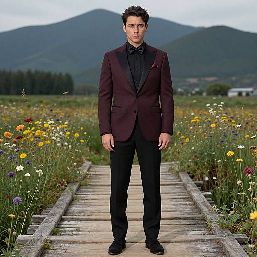 Photograph of a serious, dark-haired man in a black and burgundy suit, standing on a wooden path through a colorful wildflower field, with