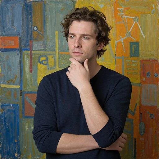 Photograph of a contemplative man with curly brown hair, wearing a black long-sleeve shirt, against a colorful, abstract painted background.