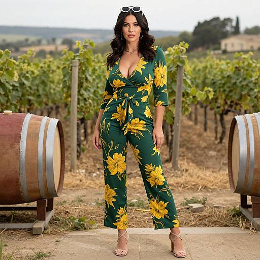 Photograph of a curvy woman with dark hair, green sunflower jumpsuit, white sandals, standing between wine barrels in a vineyard.