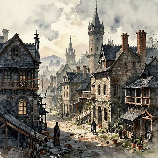 Digital painting of a medieval village with stone buildings, tall towers, and potted plants. Sunlight filters through smoke-filled sky, casting shadows on cob