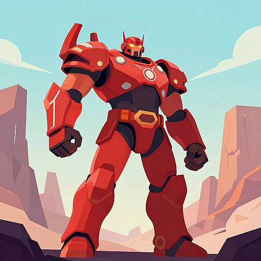 Digital art of a red, robotic warrior standing tall in a rocky, desert-like landscape under a bright blue sky. Bold, comic-style colors.