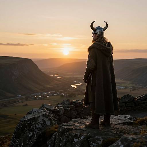 Photograph of a Viking warrior in dark cloak and horned helmet, standing on rocky outcrop, gazing at a golden sunset over a valley landscape