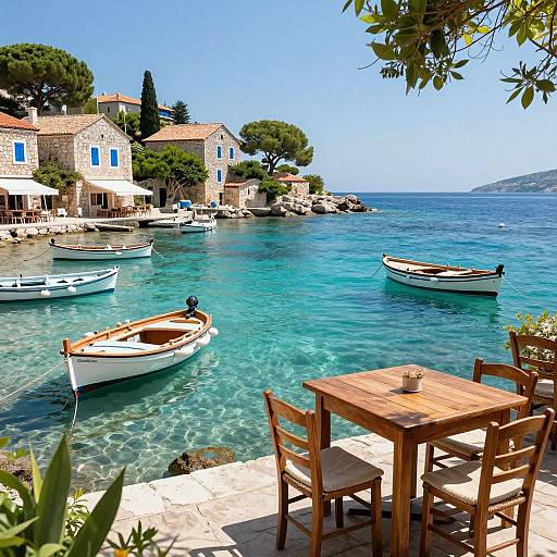 Photograph of a serene coastal village with turquoise waters, stone houses, small boats, wooden table with chairs, and clear blue sky.