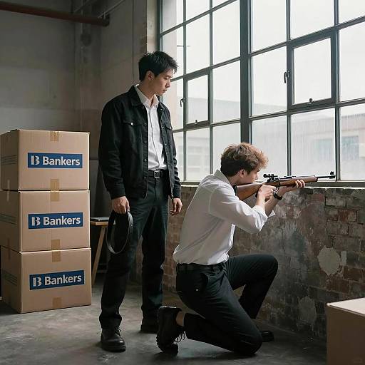 Industrial Scene with Two Men and Weapons