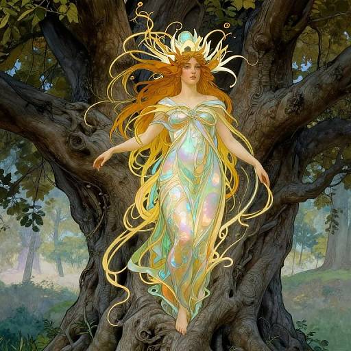 Digital artwork of a glowing, ethereal woman with long orange hair, wearing a radiant, flowing dress, floating against a large tree in a misty