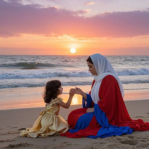 Photograph of a woman in a red and blue hijab and dress, and a young girl in a gold dress, sharing a tender moment on a