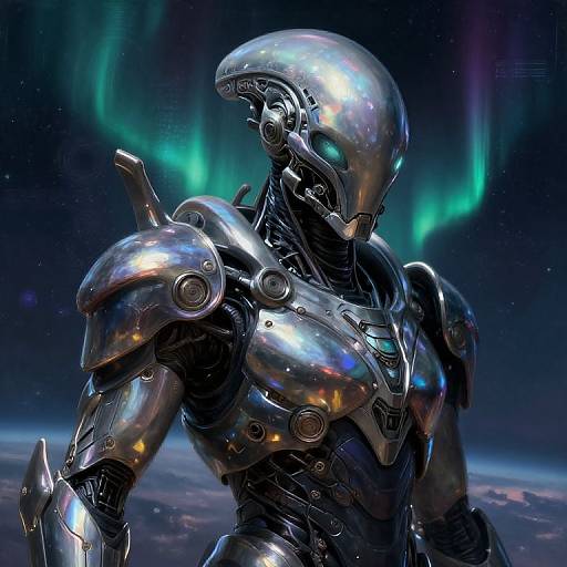 Photorealistic CGI of a shiny, metallic humanoid robot with an astronaut helmet, set against a backdrop of vibrant auroras and space.