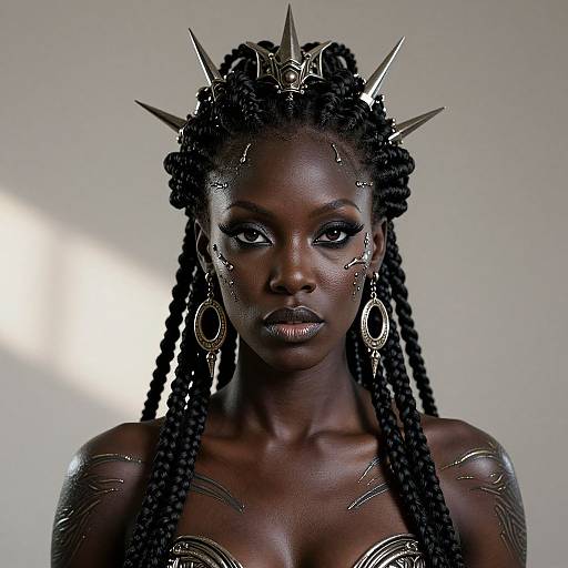 Photograph of a dark-skinned Black woman with braided hair, wearing a spiked crown, silver face paint, and ornate earrings, against a