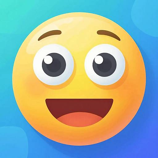 Digital illustration of a bright yellow, circular, smiling emoji with large, expressive black eyes and an open mouth, set against a blue gradient background.