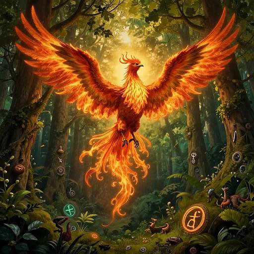 Phoenix Ascending Through Enchanted Forest
