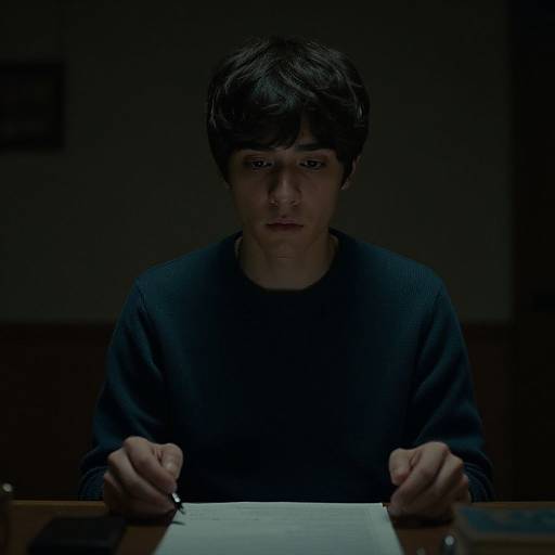 Photograph of a young man with dark, messy hair, wearing a black sweater, intensely focused on a paper in dim lighting.