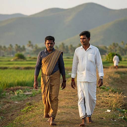 Photograph of two Indian men walking on a rural path; one in a brown and gold sari, the other in white kurta-pajama