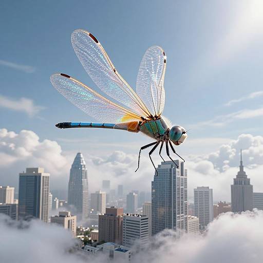 Photograph of a vibrant dragonfly with translucent wings hovering above a cityscape of tall skyscrapers, surrounded by fluffy clouds under a bright blue sky