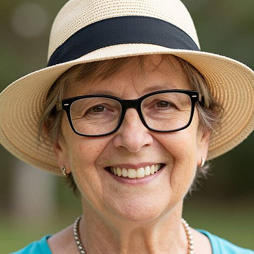 Close-up photograph of a smiling elderly woman with short brown hair, black-rimmed glasses, beige straw hat with black band, blue shirt, and