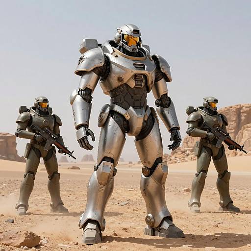 Futuristic Armored Mech Warriors in Desert