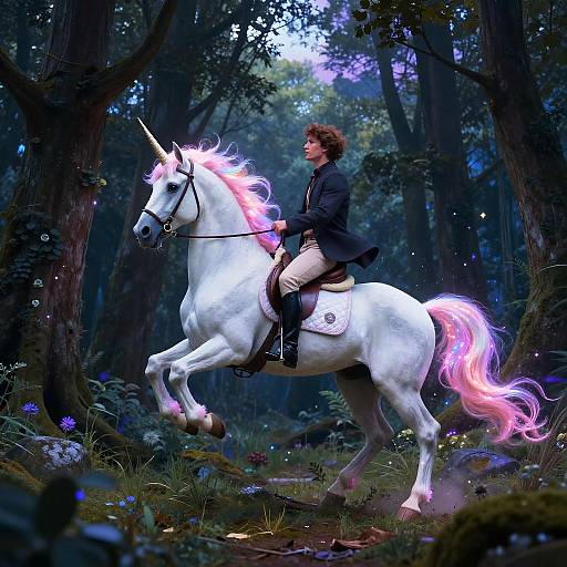 Man on Unicorn in Mystical Forest