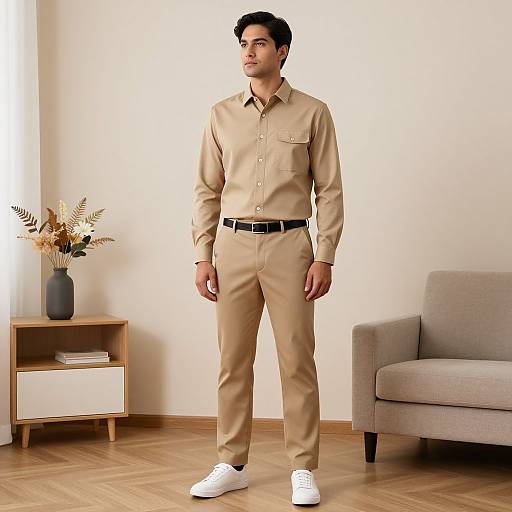 Photograph of a young man with short black hair, wearing a beige long-sleeve shirt and matching pants, white belt, and white sneakers,