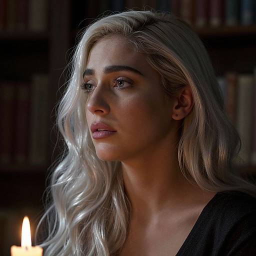 Photograph of a blonde woman with wavy hair, fair skin, and pink lipstick, in a dimly lit library, looking contemplatively to the