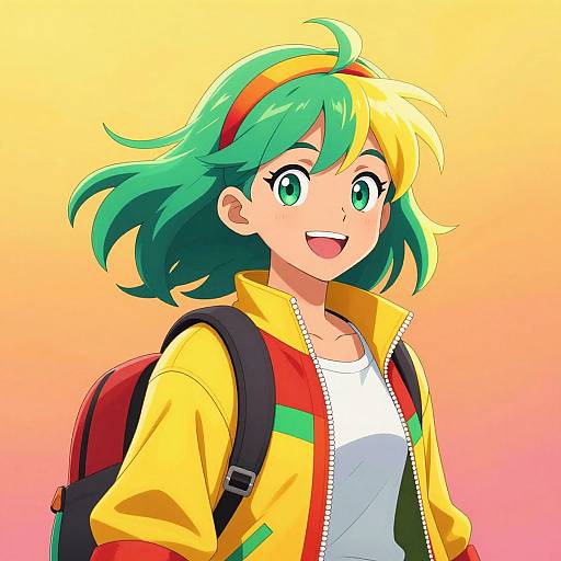 Anime-style digital illustration of a green-haired girl with green eyes, smiling, wearing a yellow jacket, white shirt, and red backpack, against a gradient