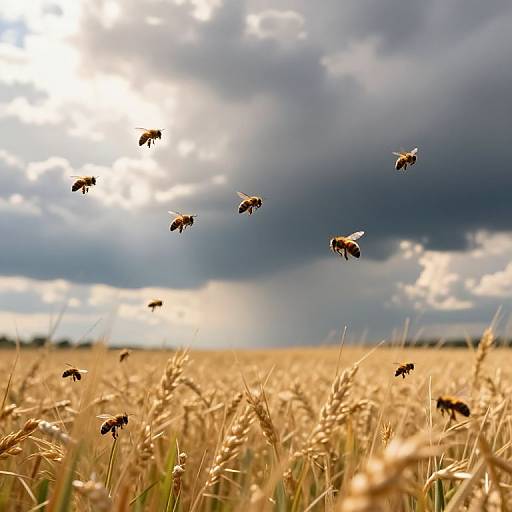 Photograph of six honeybees flying over a golden wheat field under a dramatic, cloudy sky with sunlight breaking through.