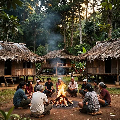 Photograph of diverse group of men sitting around a fire in a forest clearing, surrounded by thatched-roof huts, with smoke rising. L