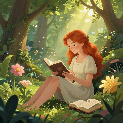 Digital art of a red-haired girl in a white dress, reading a book in a sunlit forest clearing with vibrant flowers and butterflies.