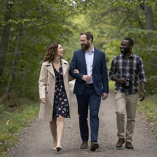 Three Friends Walking on a Forest Path