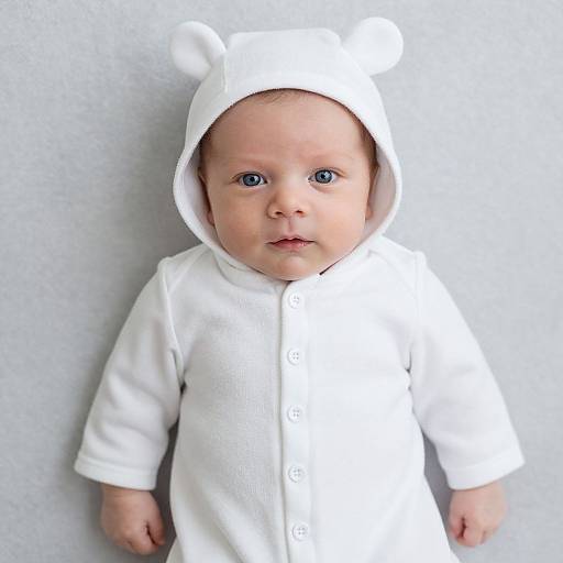 Photograph of a cute baby with blue eyes, wearing a white bear-eared hooded onesie with buttons, against a plain white background.