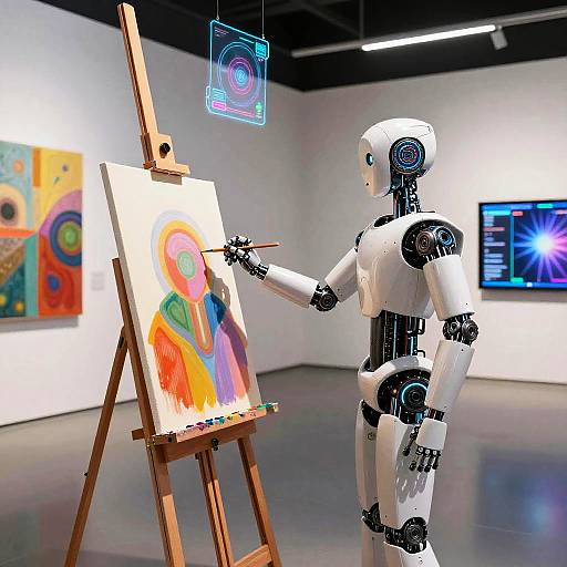 Photograph of a white robotic humanoid painting on an easel in a modern art gallery, using a brush, with colorful abstract art and digital screens in