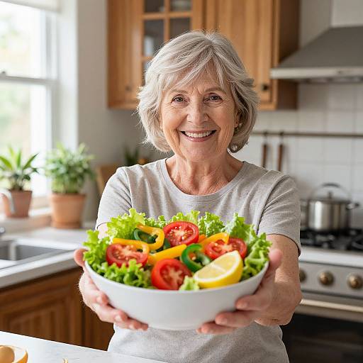 Photograph of smiling elderly woman with short gray hair, wearing light gray shirt, holding colorful salad bowl with tomatoes, lettuce, and lemon slices in bright