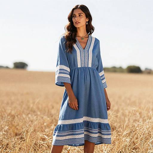 Boho Blue Dress Woman in Field