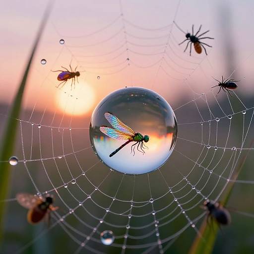Macro photograph of a dew-covered spiderweb with a vibrant, reflective water droplet featuring a blue dragonfly, surrounded by four small spiders, against a