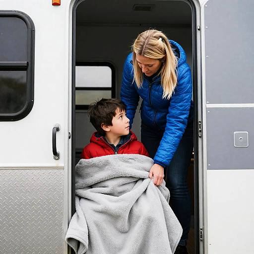 Woman Helping Boy Inside Travel Trailer