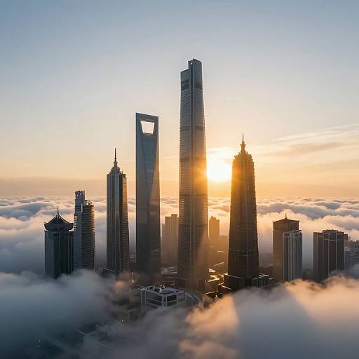 Photograph of a cityscape at sunrise, featuring silhouetted skyscrapers with the sun peeking through, casting a golden glow on clouds