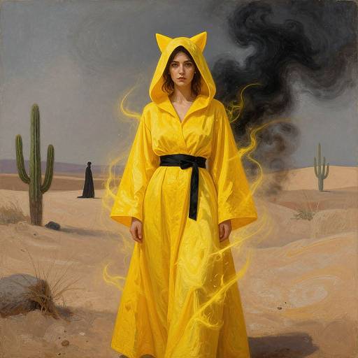 Photograph-style digital art of a woman in a yellow cat-hooded raincoat, black belt, with glowing yellow energy, in a desert with