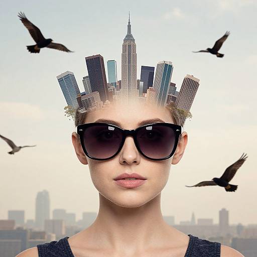 Photograph of a fair-skinned woman with black sunglasses, wearing a black top, head adorned with a digital NYC skyline, birds flying, and a