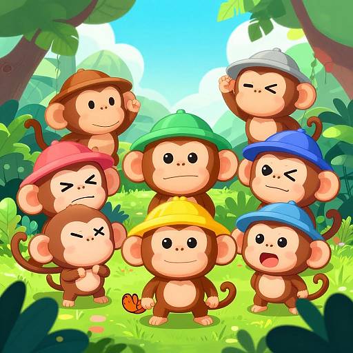Cartoon illustration of six playful monkeys wearing colorful hats in a vibrant, sunny forest with greenery and a bright blue sky.
