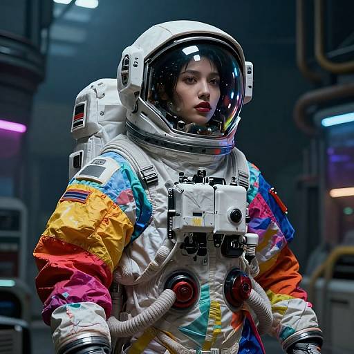Digital artwork of an Asian woman in a colorful astronaut suit with a reflective helmet, set in a futuristic, dimly lit lab.