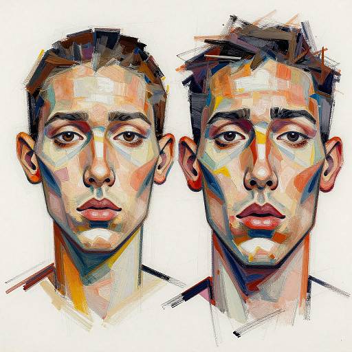 Digital painting of two stylized, symmetrical male faces with bold, colorful brushstrokes, featuring light skin, brown hair, and serious expressions.