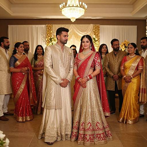 Photograph of Indian couple in traditional white and red-gold embroidered outfits, standing center at a wedding ceremony, surrounded by guests in colorful sarees and