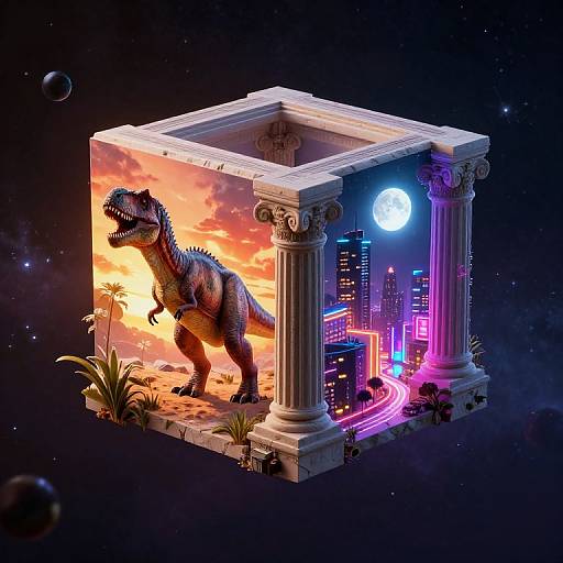 Surreal 3D Cube with Contrasting Scenes