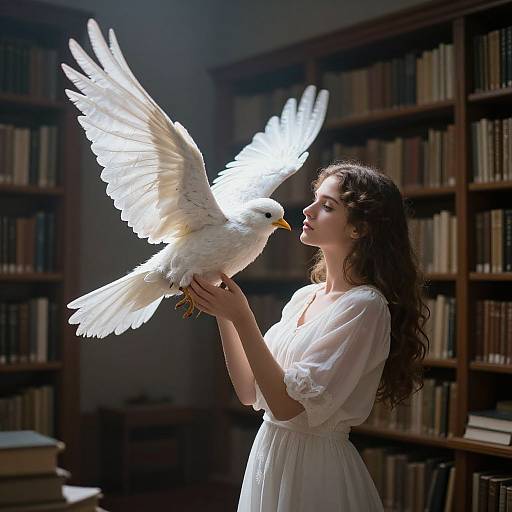 Photograph of a curly-haired woman in a white dress gently holding a white dove with wings spread, in a dimly lit library with bookshelves