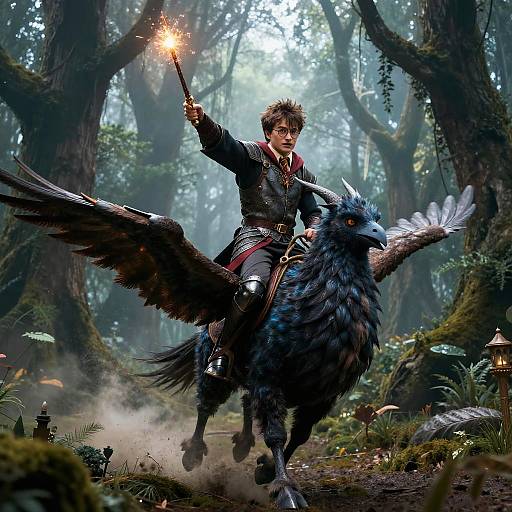 Harry Potter Riding Hippogriff In Enchanted Forest