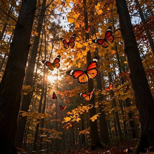 Photograph of a dense autumn forest with bright orange and yellow leaves, illuminated by sunlight. Vibrant orange and black butterflies flutter among the foliage, creating