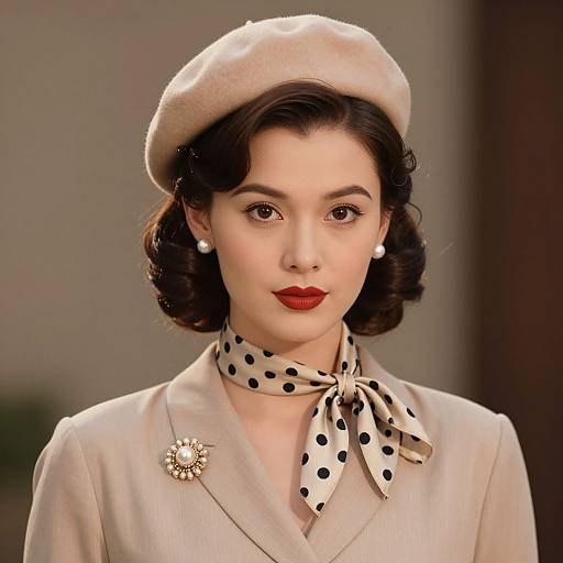 Vintage-style photograph of an elegant Asian woman with short, wavy black hair, red lipstick, pearl earrings, beige beret, polka-dot scarf