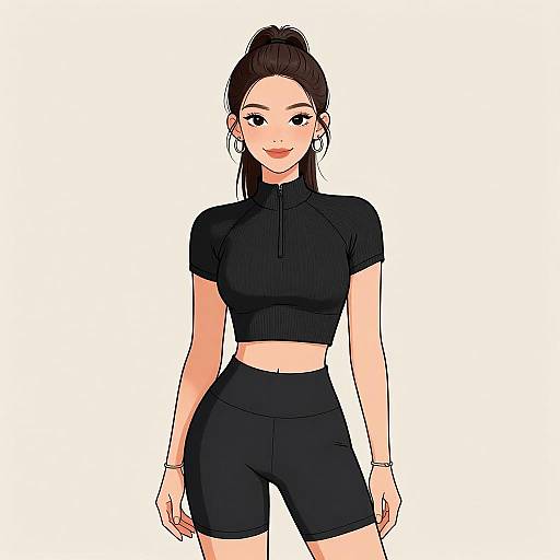 Digital anime-style drawing of a smiling woman with fair skin, dark brown hair in a high ponytail, wearing a black crop top and black shorts.