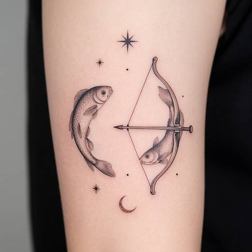 Black ink tattoo on pale skin: two fish in a detailed bow, star and crescent moon, with a bowstring arrow.