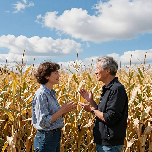 Photograph of a middle-aged woman and man standing in a sunlit cornfield, both smiling and gesturing, against a bright blue sky with fluffy
